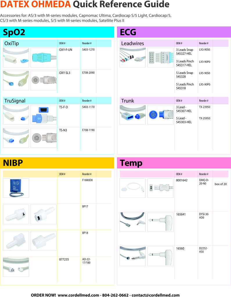 DATEX OHMEDA Quick Reference Guide Accessories for: AS/3 with M-series modules, Capnomac Ultima, Cardiocap S/5 Light, Cardiocap/5,  CS/3 with M-series modules, S/5 with M-series modules, Satellite Plus II OxiTip OEM # Reorder # OXY-F-UN S403-1270 OXY-SL3 E708-2090 SpO2 TruSignal OEM # Reorder # TS-F-D S403-1170 TS-N3 E708-1190 OEM # Reorder # F1880D0 BP17 BP18 877235 AD-22-17/180 NIBP Leadwires OEM # Reorder # 3 Leads Snap 545327-HEL 3 Leads Pinch 545317-HEL 5 Leads Snap 545328 5 Leads Pinch 545318 LX3-90S0 LX3-90P0 LX5-90S0 LX5-90P0 ECG Trunk OEM # Reorder # 3 Lead -   545307-HEL 5 Lead -   545303-HEL TX-23950 TX-25950 OEM # Reorder # 8001642 DMQ-D-20-N0 box of 20 165641 DYSI-30-AD0 16560   D2252-AS0 Temp ORDER NOW!  www.cordellmed.com - 804-262-0662 - contact@cordellmed.com