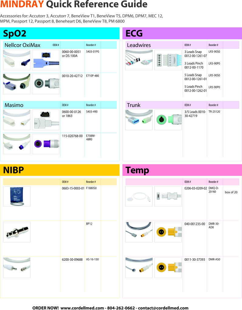 MINDRAY Quick Reference Guide Accessories for: Accutorr 3, Accutorr 7, BeneView T1, BeneView T5, DPM6, DPM7, MEC 12,  MPM, Passport 12, Passport 8, Beneheart D6, BeneView T8, PM 6800 Nellcor OxiMaxOEM # Reorder # 0060-00-0051  or DS-100A S403-01P0 0010-20-42712 E710P-480 SpO2 Masimo OEM # Reorder # 0600-00-0126  or 1863 S403-490 115-020768-00 E708M-48R0 OEM # Reorder # 0683-15-0003-01 F1880S0 BP12 6200-30-09688 AS-16-150 NIBP Leadwires OEM # Reorder # 3 Leads Snap 0012-00-1261-07 3 Leads Pinch 0012-00-1170 5 Leads Snap 0012-00-1261-01 5 Leads Pinch 0012-00-1262-01 LR3-90S0 LR3-90P0 LR5-90S0 LR5-90P0 ECG Trunk OEM # Reorder # 3/5 Leads 0010- 30-42719 TR-25120 OEM # Reorder # 0206-03-0209-02 DMQ-D-20-N0 box of 20 040-001235-00 DMR-30-AD0 0011-30-37393 DMR-AS0 Temp ORDER NOW!  www.cordellmed.com - 804-262-0662 - contact@cordellmed.com