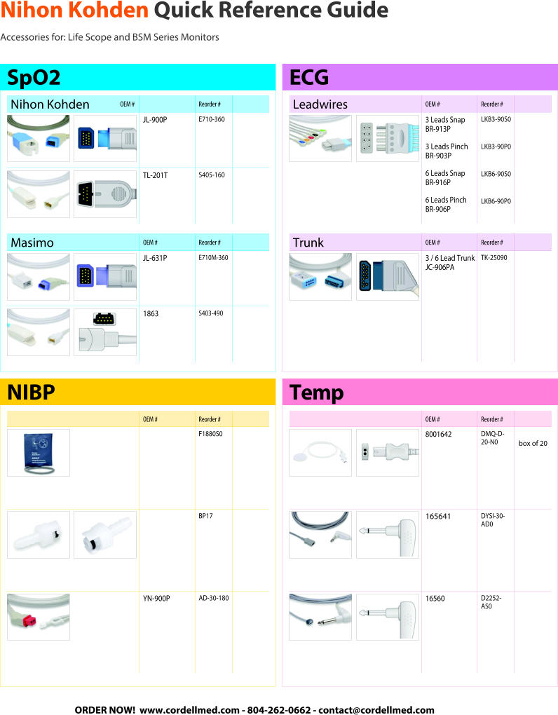 Nihon Kohden Quick Reference Guide Accessories for: Life Scope and BSM Series Monitors Nihon KohdenOEM # Reorder # JL-900P E710-360 TL-201T S405-160 SpO2 Masimo OEM # Reorder # JL-631P E710M-360 1863 S403-490 OEM # Reorder # F1880S0 BP17 YN-900P AD-30-180 NIBP Leadwires OEM # Reorder # 3 Leads Snap BR-913P 3 Leads Pinch BR-903P 6 Leads Snap BR-916P 6 Leads Pinch BR-906P LKB3-90S0 LKB3-90P0 LKB6-90S0 LKB6-90P0 ECG Trunk OEM # Reorder # 3 / 6 Lead Trunk  JC-906PA TK-25090 OEM # Reorder # 8001642 DMQ-D-20-N0 box of 20 165641 DYSI-30-AD0 16560 D2252-AS0 Temp ORDER NOW!  www.cordellmed.com - 804-262-0662 - contact@cordellmed.com