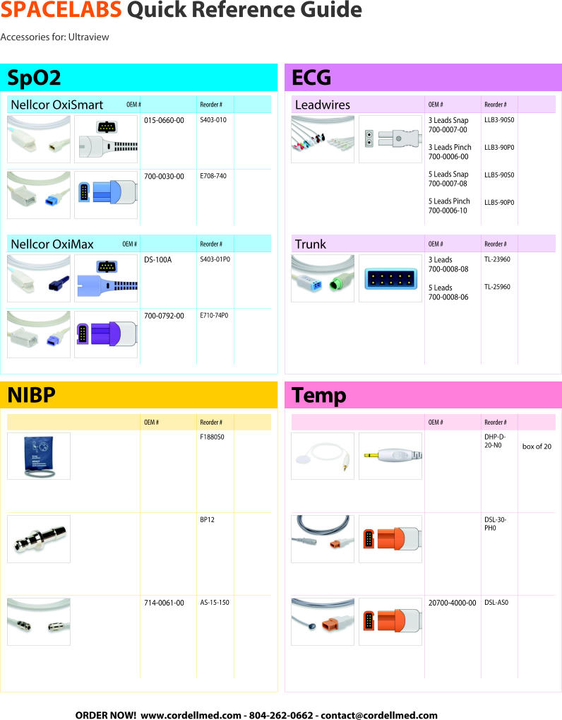 SPACELABS Quick Reference Guide Accessories for: Ultraview Nellcor OxiSmartOEM # Reorder # 015-0660-00 S403-010 700-0030-00 E708-740 SpO2 Nellcor OxiMaxOEM # Reorder # DS-100A S403-01P0 700-0792-00 E710-74P0 OEM # Reorder # F1880S0 BP12 714-0061-00 AS-15-150 NIBP Leadwires OEM # Reorder # 3 Leads Snap 700-0007-00 3 Leads Pinch 700-0006-00 5 Leads Snap 700-0007-08 5 Leads Pinch 700-0006-10 LLB3-90S0 LLB3-90P0 LLB5-90S0 LLB5-90P0 ECG Trunk OEM # Reorder # 3 Leads 700-0008-08 5 Leads 700-0008-06 TL-23960 TL-25960 OEM # Reorder # DHP-D- 20-N0 box of 20 DSL-30-PH0 20700-4000-00   DSL-AS0 Temp ORDER NOW!  www.cordellmed.com - 804-262-0662 - contact@cordellmed.com